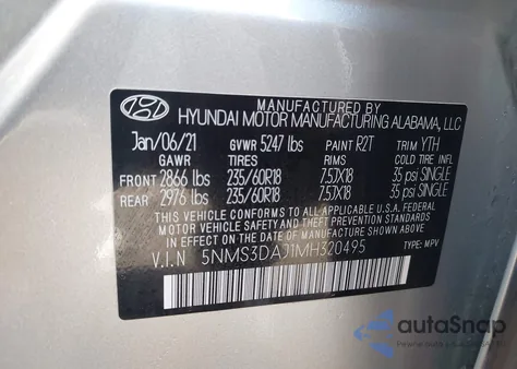 2021 Hyundai Santa Fe Sel z USA, uszkodzony, nr VIN 5NMS3DAJ1MH320495